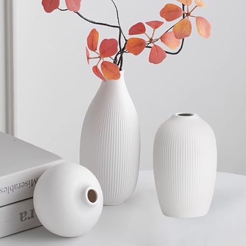 White Ceramic Vase Set of 3 - Small Modern Minimalist Ceramic Bud...