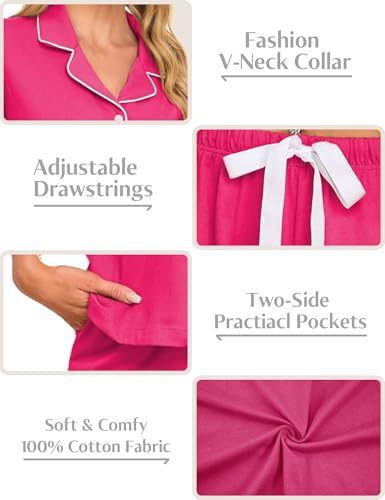 Image of COLORFULLEAF Women's 100% Cotton Pajamas Set Button Down Sleepwear Short Sleeve Shirt and Long Pants Soft Ladies Lounge Sets