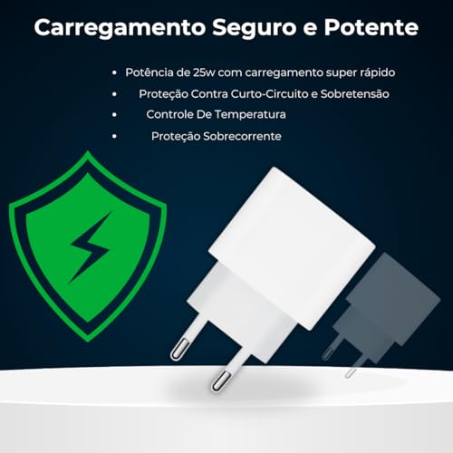 Carregador Turbo 25W para iPhone (USB-C p/Lightning) Compativel Com Iphone 8, SE, X, Xr, 11, 12, 13