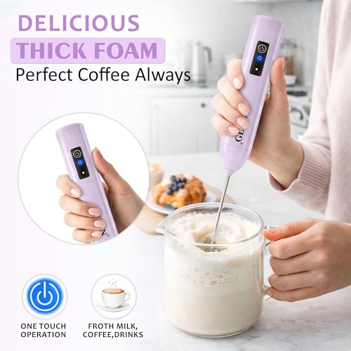 Image of GLUN Portable Coffee Frother Vibe Lavender Colour 1 Piece, Type-C Port Rechargeable Handheld Milk Frother with 2-Layer Detachable Steel Whisk, Fast Foam Maker for Latte, Cappuccino & Coffee