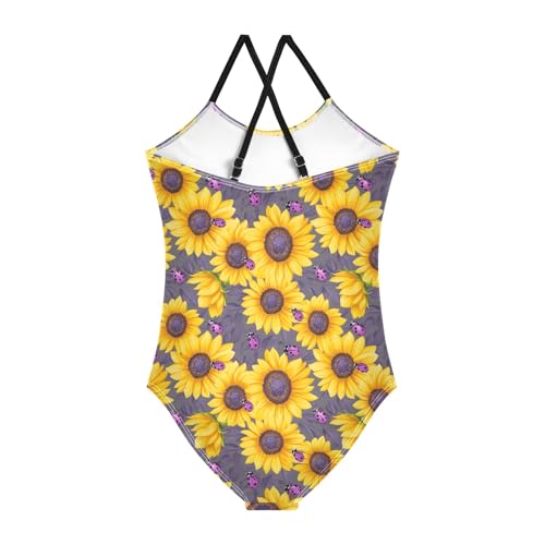 senya Girls Swimsuits One-Piece Swimwear Tie Bathing Suit Beach Summer Round Neck 7-8T Sunflower Seven Star Ladybug Pattern2