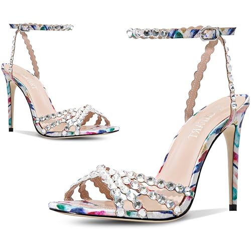 Image of HOCHFART Women's Rhinestone Stiletto High Heels Buckle Strappy Heeled Sandals Round Toe Sexy Dressy Pumps Shoes