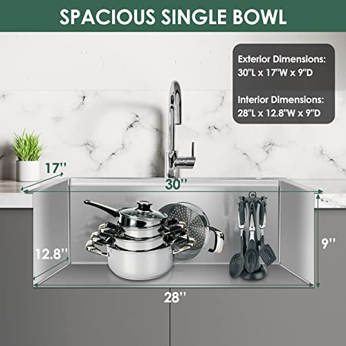 Burchain 30 Inch Stainless Steel Kitchen Sink 16 Gauge Drop In Single Bowl Workstation Sink 2-Hole Top Mount Kitchen Basin With 5 Accessories (Brushed Nickel) #TOP2