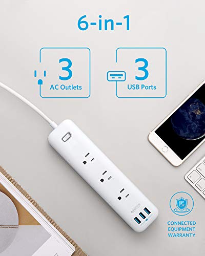 Anker Power Strip With Usb, 3-Outlet & 3 Poweriq Usb Power Strip, Powerport Strip 3 With 5 Foot Long Extension Cord, Flat Plug, Safety Shutter, For Home, Office #TOP1