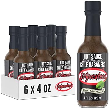 El Yucateco Black Label Reserve Habanero Sauce, 4 oz., 6 Pack, 5,000 Average Scoville Units, Gluten Free, Sugar Free