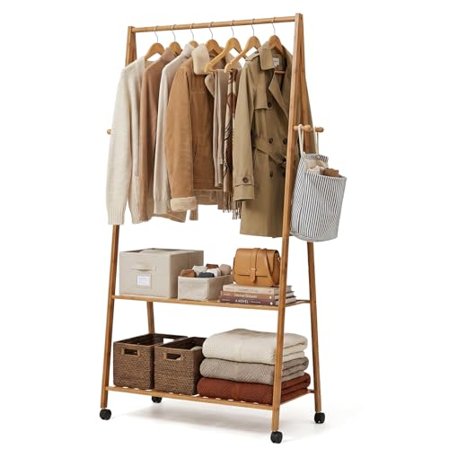 3 in 1 Bamboo Clothes Rack Hanging Clothes Rail with Shelves 158x70x44cm