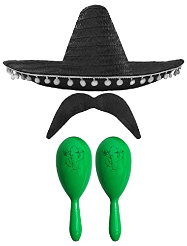 Adults Mexican Accessory Set - Black Mexican Sombrero, Green Maracas, Moustache - Mexican Cinco de Mayo Sensorita Bandit Mariachi Fancy Dress Costume Accessory Set