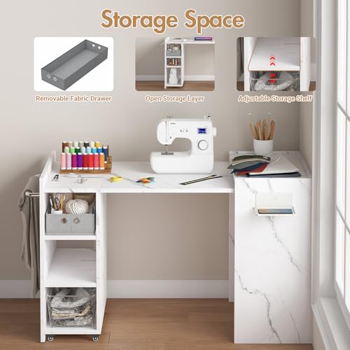 Folding Sewing Table, Wall Mount Sewing Machine Cabinet w/Storage Shelves & Fabric Drawer,Multipurpose Dining Craft Laundry Desk Work Station, Compact Corner Side Table for Small Space, White