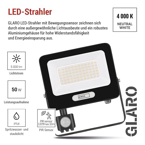 Foco LED 50W sensor movimiento exterior IP54 impermeable EMOS GLARO blanco neutro 3