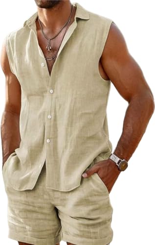 Chemise sans manches en lin homme et short assorti anti-transpiration pour l'été
