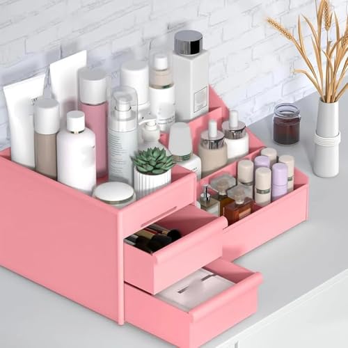 UCRAVO Pink Plastic Modern Desk Organizer with Pencil Holders, Sticky Note, Paperclip Storage I Multi-Functional Office Table Accessories Desk Organization for School, Home, Office Supplies