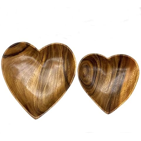 WRIGHTMART Wooden Bowl Set of 2, Decorative Heart Shaped Server for Food, Salad, Nut Mixes, Versatile, Use as a Jewelry, Coin Catchall Dish, Add Heart to Culinary Creations, Acacia Wood Cover