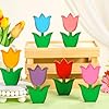 Qunclay 6 pcs spring decor wooden flowers decor spring tiered tray decorative retro tulip daisy table decoration wood tulips daisy signs table centerpiece floral block signs for hometulips  urban country home decor