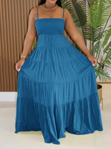 Image of WXN Womens Spaghetti Strap Sundress Casual Summer Long Maxi Dress Smocked A Line Swing Cocktail Party Vacation Dresses