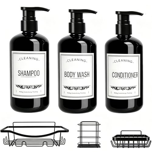 3-Pack Shampoo Dispenser & Shower Caddy Set 16.9 oz Pump Bottles & Stainless Steel No-Drill Shelves Rustproof Bathroom Organizer Modern Matte Black