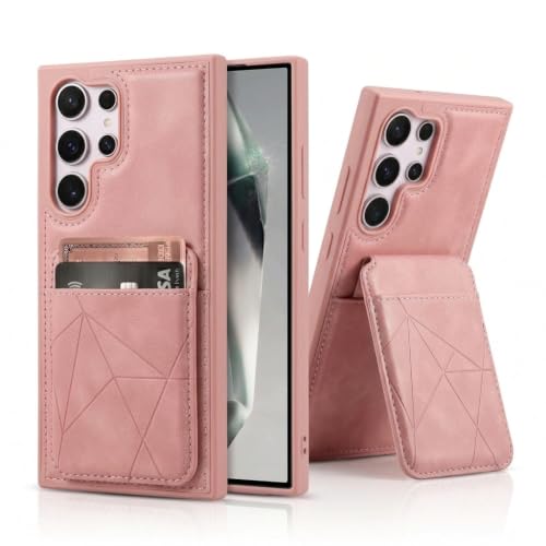 Image of amazon basics Premium Vegan Leather Back Cover with Card Holder and Integrated Mobile Stand for Samsung Galaxy S24 Ultra 5G - Slim Shockproof Wallet Case with Geometric Stitching [Pink]