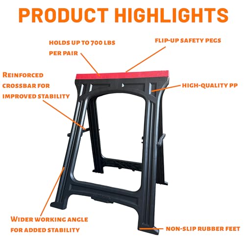ZYJOYY Saw Horses 2 Pack Folding- 700LBS/Pair Capacity Heavy Duty Sawhorses, Weather-Resistant PP Folding Sawhorse Pack of 2, Portable Workhorse for Woodworking & DIY Projects - Thumbnail 5