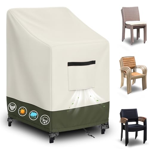 Stackable Patio Chair Cover for 4–6 Chairs, 420D Outdoor Stackable Chair Cover with 4000mm Waterproof Rating, UV-Resistant, Windproof Buckles & Drawstring, Front Vent, Two-Tone Design, Storage Bag.