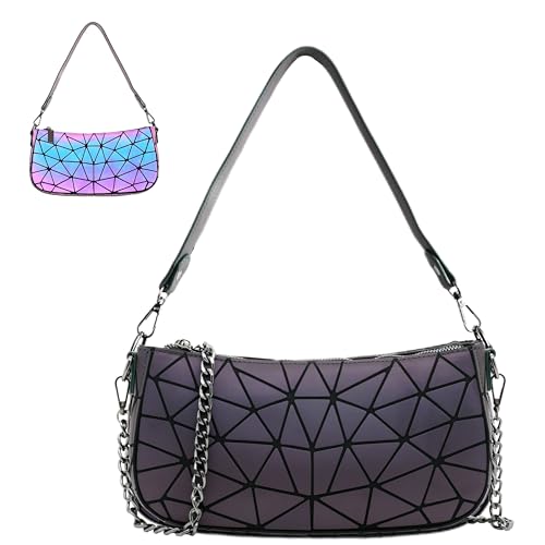 Small Shoulder bag with 2 Removable Straps Geometric Luminous Clutch Purse for Women Geometric underarm bag and Holographic crossbody bag