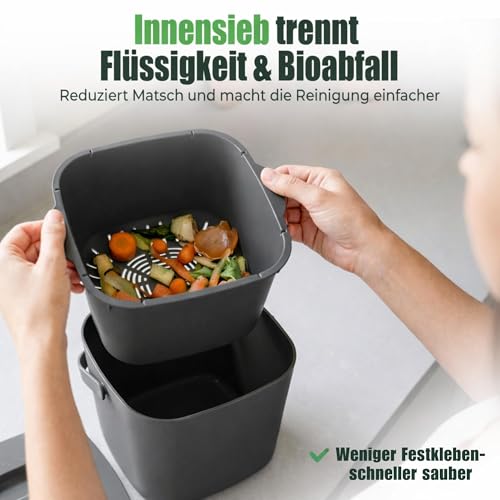 YourCasa Biomülleimer Küche 7L - Komposteimer mit herausnehmbarem Sieb & Deckel - geruchsdicht, spülmaschinenfest & ohne Biomülltüten - Bio Mülleimer für selteneres Entleeren (Anthrazit)