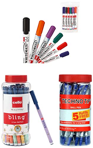 Image of Cello Bling Pastel Blue Ball Pen Jar of 25 Units Whitemate Vivid Whiteboard Markers Set of 6 Technotip Blue Ball Pens Jar of 25 Units
