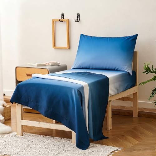 Image of Wellboo Blue White Gradient Toddler Bedding Sets for Girls Boys Ocean Sea Blue 4 Pieces Soft Crib Bed Set Including Comforter, Sheets and Pillowcase Kids Soft Abstract Art Watercolor Quilt Warm