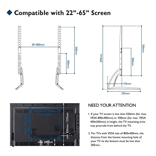 BONTEC Support TV Piédestal Pied TV Universel de 22-65 Pouces sur Table Hauteur Réglable Capacité de Charge 50 KG Max. VESA 800x400 mm - Assemblage Simple