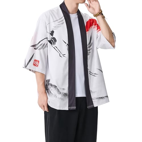 Image of PRIJOUHE Men's Lightweight Kimono Jacket Seven Sleeve Open Front Cardigan Coat Japanese Style Bathrobe