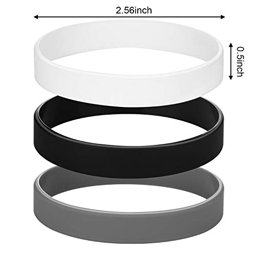 Jovitec 12 Pieces Rubber Bracelets, Solid Color Silicone Wristbands, Multi-Pack Blank Wristbands Bracelets For Events Rubber Bands Party (Black, White, Gray) #TOP2