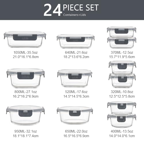 Igluu Meal Prep Glass Containers with Lids (12 Pack – 4 Rectangular, 4 Square, 4 Round) – Airtight & BPA-Free – Oven, Microwave, Freezer and Dishwasher Safe – Durable Borosilicate Glass