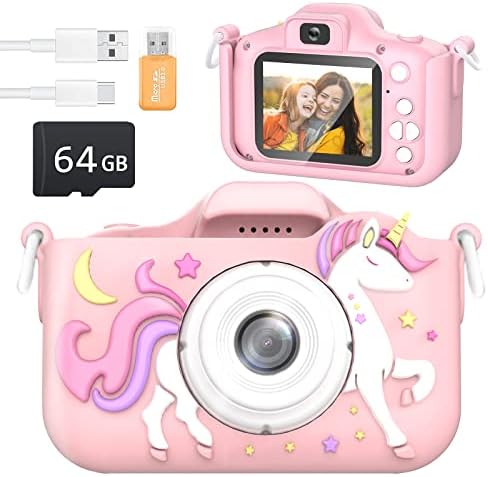 Nacetive Kids Selfie Camera for Toddlers Girls Age 3-8,Upgrade Mini Camera Pro with MP3 Player and 64GB SD Card,HD Digital Video Camera Toys,Best Festival Birthday Gifts for Childen - Pink