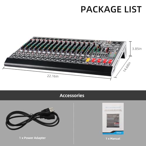 MIZISNR 16 Channel Audio Mixer Professional Sound Mixing Board with 99 DSP Effects, 7-band EQ Digital DJ Mixer Console w/USB Bluetooth MP3 for Recording, Independent 48V Power & Mute Button