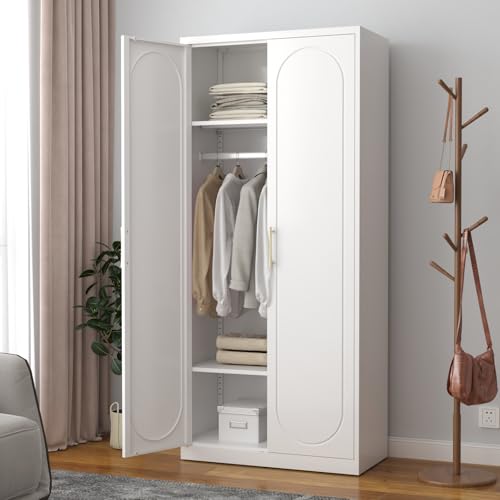 SteeLoong 71\" Metal Armoire Wardrobe Closet with Doors,Tall Clothing Storage Cabinet with Adjustable Shelves and Hanging Rod,White Wardrobe Closet for Bedroom,Home,Office,Gym
