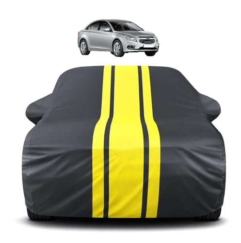 Image of Auto Hub Car Cover Compatible with Chevrolet Cruze with Mirror Pocket, Soft Cotton Lining, Cruze Car Cover Waterproof - Yellow-Black