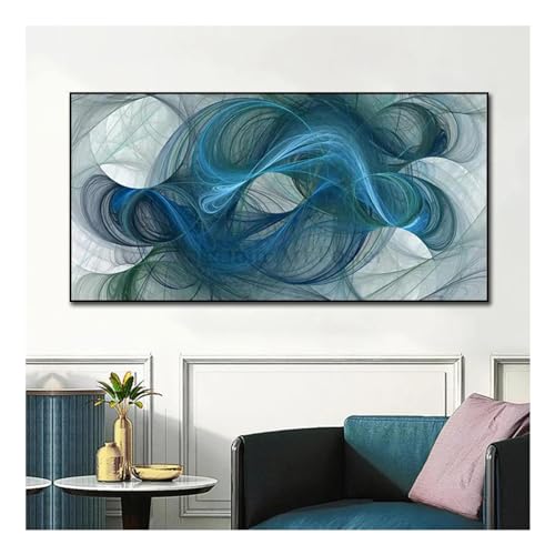 Lienzo abstracto de línea azul minimalista para decorar un salón moderno y elegante de 25x50cm