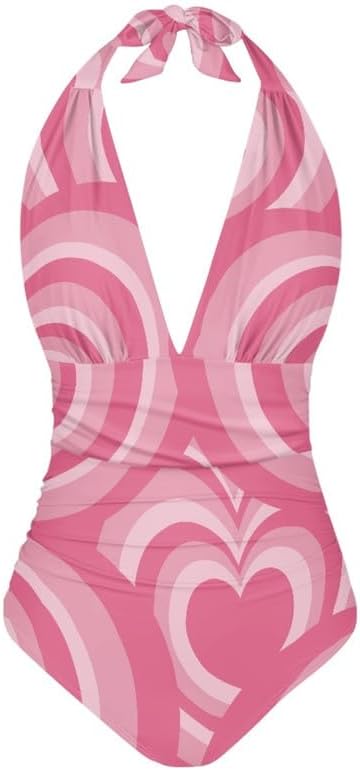 Irisjudy Abstract Color Art Halter One Piece Swimsuits for Women Geometric Ruched Tummy Control Halter V Neck Bathing Suit