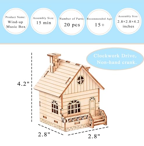 MPIUET 3D Wooden Wind-up Music Box Puzzles, Clockwork Musical Mechanism Movement Little House, 3D Jigsaw Teaser Puzzles, Log Cabin DIY Wood Model Kits for Adults - Image 2