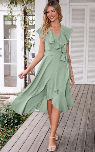 Image of PRETTYGARDEN Women's 2023 Summer Wrap Maxi Dress Casual Boho Deep V Neck Short Sleeve Ruffle Hem Split Beach Long Dresses