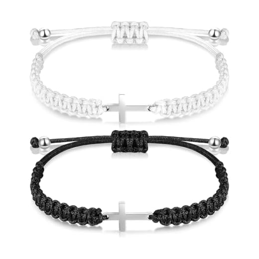 ZORVUJI 2 Piezas Pulsera con Cruz Jesús Joyería Cristiana para Mujeres Hombres Pareja Trenzada Ajustable Regalo de Fe Comunión Negro Blanco