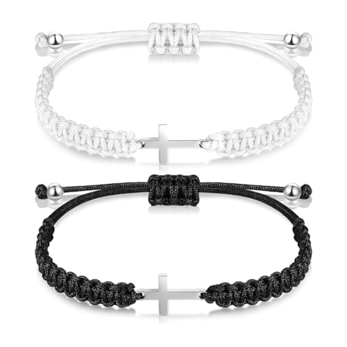 ZORVUJI 2 Piezas Pulsera con Cruz Jesús Joyería Cristiana para Mujeres Hombres Pareja Trenzada Ajustable Regalo de Fe Comunión Negro Blanco