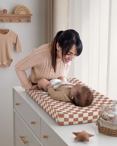 Image of Blissful Diary Muslin Changing Pad Cover for Baby Girls Boys, Ultra Soft Breathable Cotton, Baby Diaper Change Table Pad Covers, 2Pack (Checkered Brown & Brown)