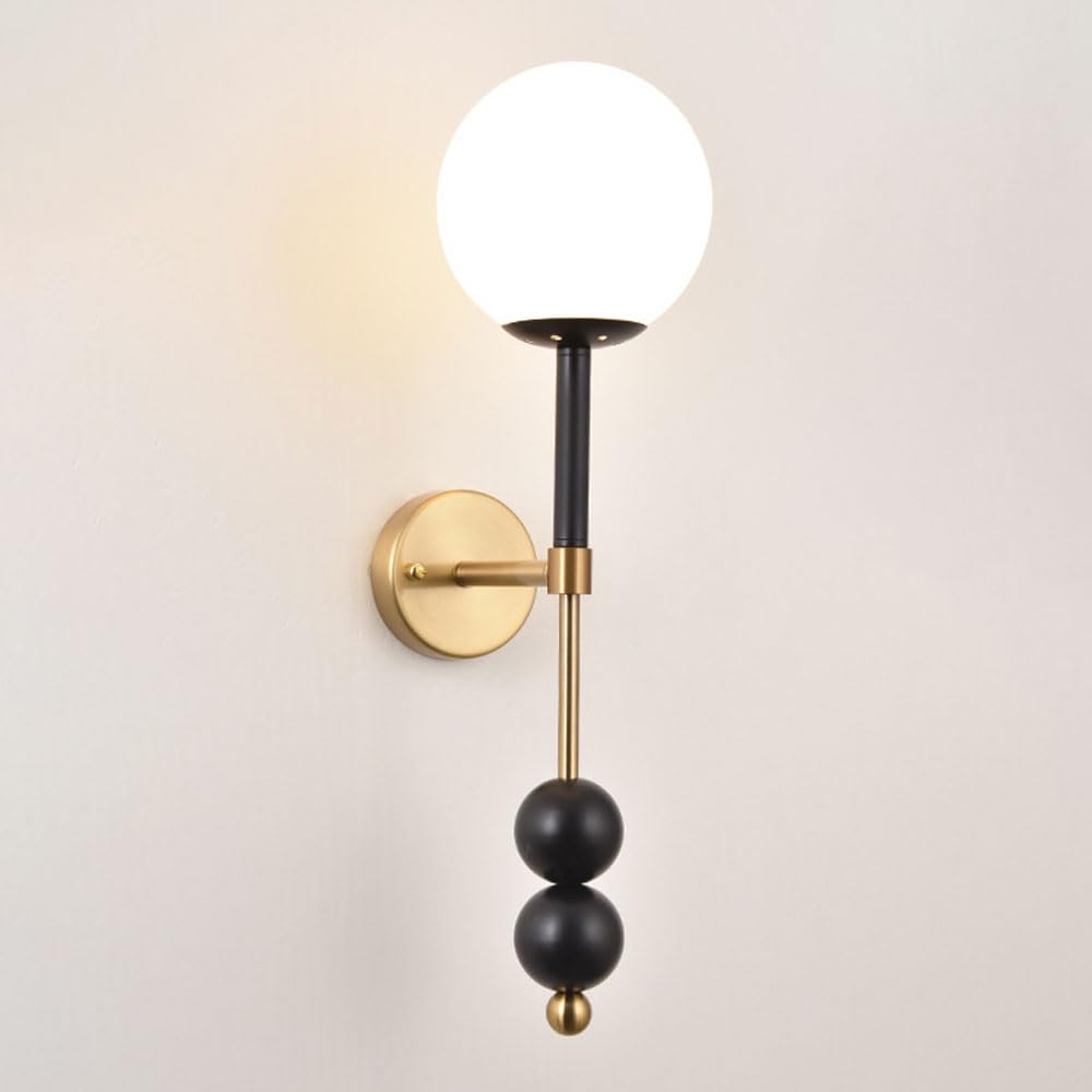 SXECAEPS Globe Glass Wall Mount Light Wood Sconce Modern Lamp with White Ball Shade, Art Deco Sconces E27 Hardwired Lighting for Living Room Bedroom