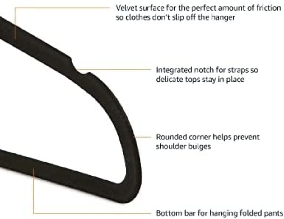 HEKTOR Slim Velvet Non-Slip Suit Hangers - Pack of 10, Black Heavy Duty, Non Colour Transferring, Space Saving, 360 degree Rotatable Swivel Hook, 24 x 45cm