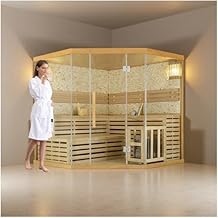 Traditional Steam Sauna,5-6 Person Luxury Indoor Sauna with 6KW Harvia Heater, Canadian Hemlock, Pentagon Design, Double Level Bench, 8 mm Tempered Glass, 7-Color Lights, WiFi Control, 220V