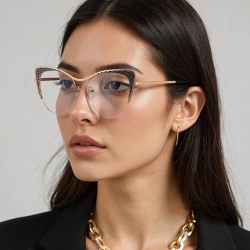 Image of Dollger Blue Light Blocking Glasses for woman Man Metal Half Cat eye glassees frame Clear Lens Computer Eyewear