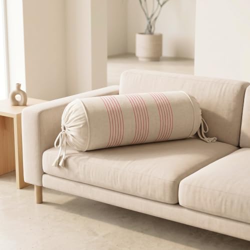 Image of SAJAVAT HOME 100% Cotton Striped Bolster Cover Pack of 2 15x30 | Textured Round Side Pillow Covers for Sofa, Bed & Diwan | Soft Breathable Bolster Pillow Covers | Beige with Red Pinstripe