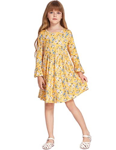 Arshiner Kid Floral Long Sleeve Girls Dresses Autumn Girl Clothes Yellow For 12-13 Years #TOP1