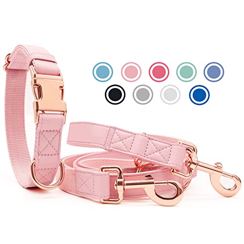 Weich Leder Hundehalsband und Leine (2m) Set - 3-Fach Verstellbar Hundeleine mit Halsband, Stilvollen Rose Gold Metall Schnalle & Nylon Hund Leinen für Welpen Kleine Mittlere Große Hunde Rosa,XS