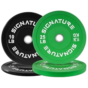 Signature Fitness Color Coded 2-Inch Olympic Bumper Plate Weight Plates with Steel Hub, 70LB Set (2X 10/15LB)