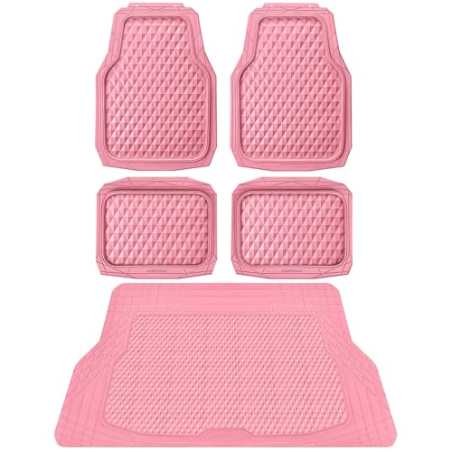 CAR PASS Heavy Duty Rubber Pink Car Floor Mats & Cargo Liners, Deep Dish All-Weather Trunk Mats Durable Anti-Slip 3D Rhombus Waterproof Trim to Fit Liner Universal Fit Auto,Sedan,SUV,Truck, Pink
